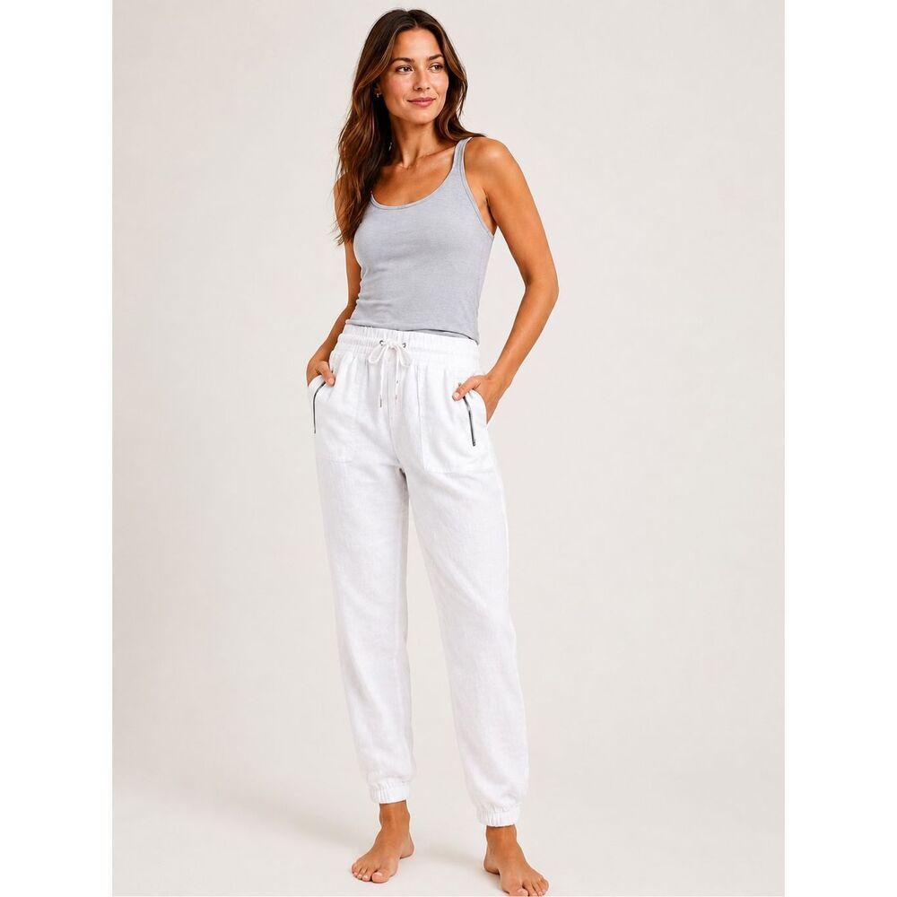 Athleta Cabo Linen Jogger Pants White Drawstring Zip Pockets Women’s 6